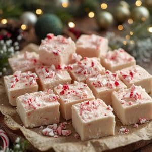 Homemade peppermint fudge squares topped with crushed candy canes