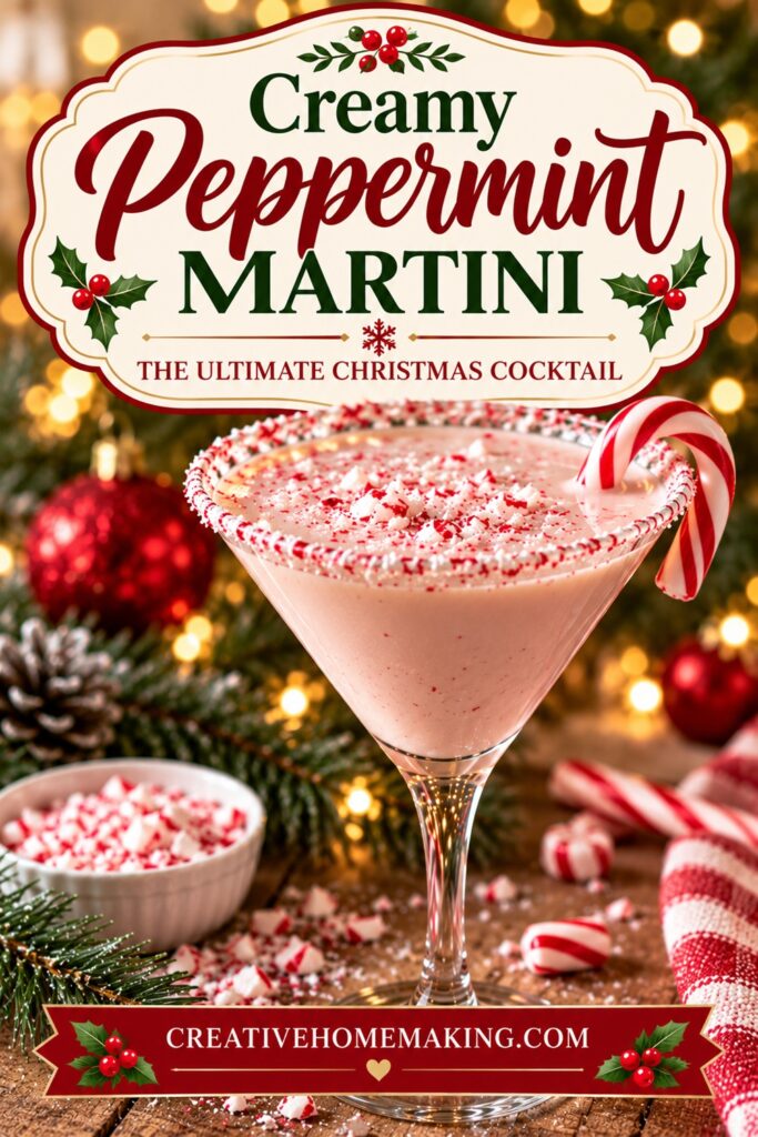 Bring a little peppermint sweetness to your Christmas celebrations with this creamy martini! Its pale pink color, candy cane garnish, and crushed peppermint rim make it a beautiful choice for a festive holiday drink. Serve it after Christmas dinner or alongside a platter of Christmas cookies for a fun dessert-inspired cocktail. Save this recipe for a special holiday treat!