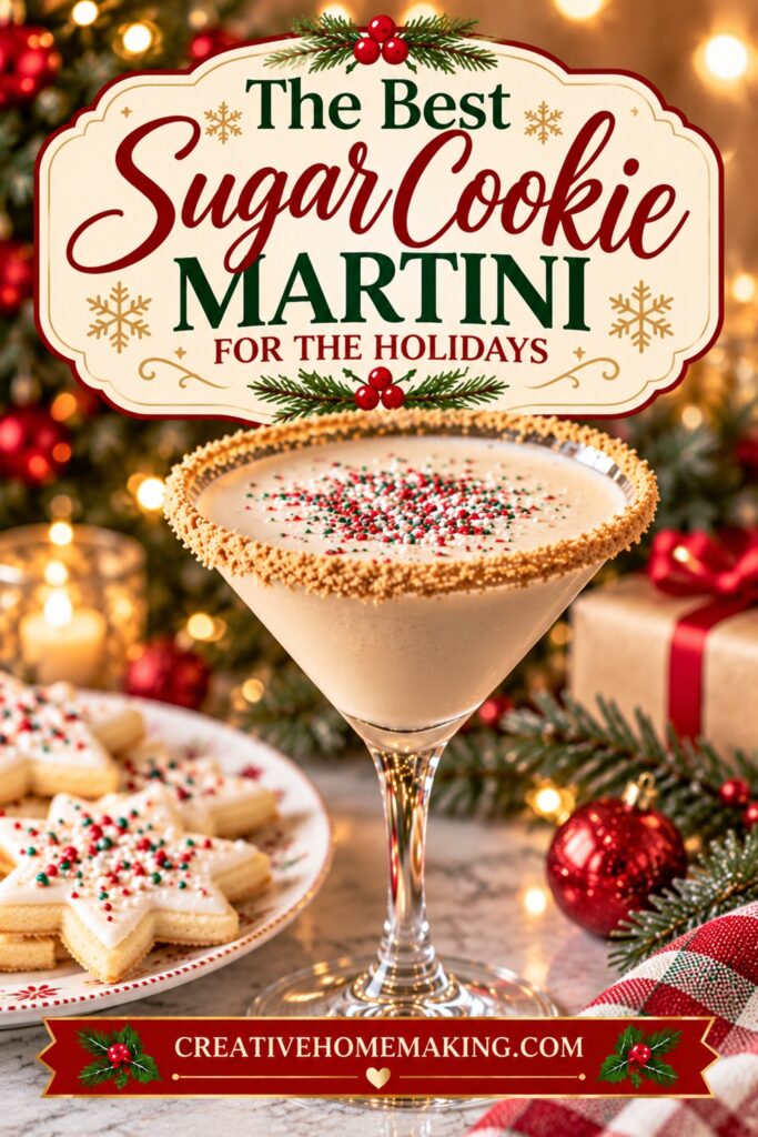 This sugar cookie martini is like a Christmas cookie in a glass! With a creamy, sweet flavor, a cookie-crumb rim, and festive red and green sprinkles, it's a fun cocktail for the holiday season. Serve it after Christmas dinner or alongside a tray of homemade sugar cookies for a dessert-inspired drink. Save this festive martini recipe for your Christmas celebrations!