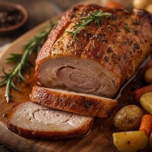 A golden brown roasted pork tenderloin resting before being sliced for pork recipes.