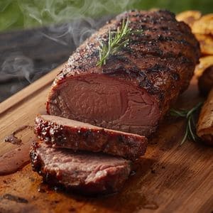 Close up of a seasoned pork tenderloin being placed on a smoker rack with smoke rising.