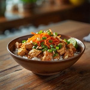 easy Thai peanut chicken bowl in ceramic bowl