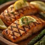 A piece of perfectly grilled salmon with visible grill marks and fresh lemon slices on a white plate.