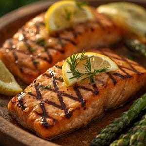 A piece of perfectly grilled salmon with visible grill marks and fresh lemon slices on a white plate.