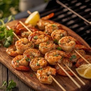 Several skewers of jumbo shrimp dripping with garlic butter and garnished with fresh parsley.