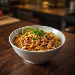 Chicken pad thai with rice noodles, bean sprouts, and green onions in a dark ceramic bowl.