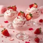 A close-up of a silver spoon scooping pink strawberry fluff salad with visible bits of fresh strawberries and fluffy marshmallows.