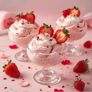 A close-up of a silver spoon scooping pink strawberry fluff salad with visible bits of fresh strawberries and fluffy marshmallows.