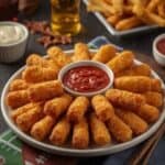 A stack of mozzarella sticks showing off the detailed texture of the seasoned breadcrumb coating.