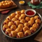 Dozens of golden-brown cocktail sausages wrapped in flaky pastry dough arranged in a circle on a baking sheet.