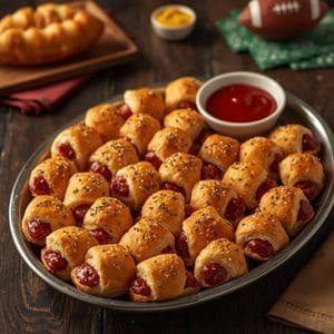 Dozens of golden-brown cocktail sausages wrapped in flaky pastry dough arranged in a circle on a baking sheet.