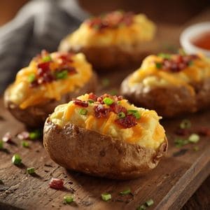 Two golden-brown twice baked potatoes served on a white plate with a side of parsley.