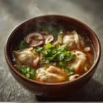 A professional photo of potsticker soup with a ceramic spoon lifting a juicy dumpling.