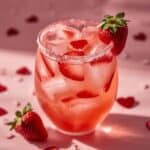 Close up of bubbles and strawberry slices in a Dirty Strawberry Sprite drink with ice.