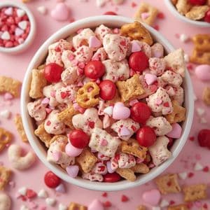 White chocolate Chex Mix with Valentine’s M&Ms and heart sprinkles