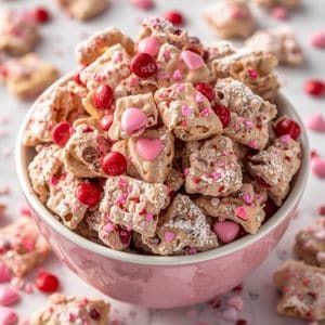 Valentine’s Muddy Buddies with powdered sugar and pink sprinkles