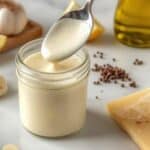 A creamy homemade caesar salad dressing in a glass jar with fresh parmesan cheese shavings on top.