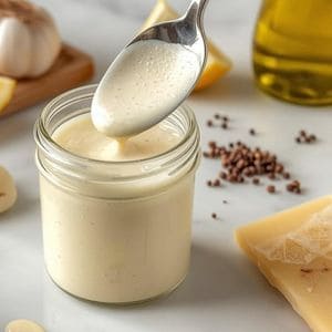 A creamy homemade caesar salad dressing in a glass jar with fresh parmesan cheese shavings on top.