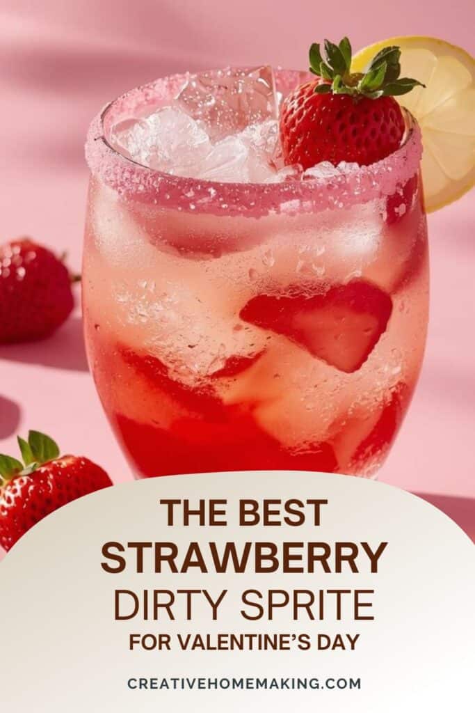 Refreshing strawberry dirty sprite with ice, lemon, and mint garnish. Perfect Valentine's Day cocktail.