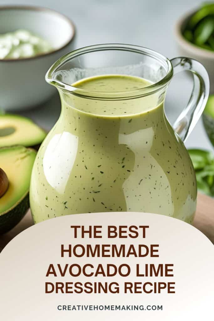 A blender jar filled with a smooth, vibrant green avocado lime dressing, with fresh lime halves and cilantro sprigs nearby.