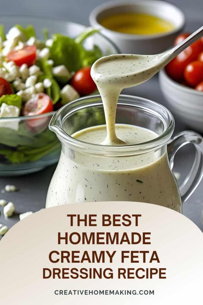 A glass jar filled with thick, creamy white feta dressing topped with crumbled feta and fresh oregano, sitting next to a Greek salad.