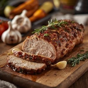 Slices of honey garlic roasted pork tenderloin arranged on a wooden serving board with parsley.