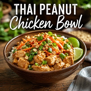This flavorful Thai peanut chicken bowl is packed with tender chicken, colorful vegetables, rice, crunchy peanuts, and a creamy peanut sauce. A delicious easy family dinner when you're craving Asian food that's fresh, flavorful, and better than takeout!