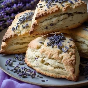 Lavender scones served with tea and linen napkin