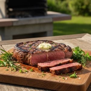 Grilled Denver steak with grill marks on cutting board