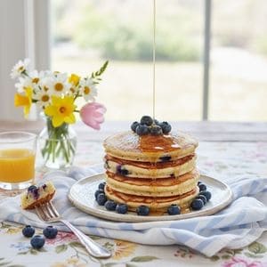 Blueberry pancakes on a spring brunch table