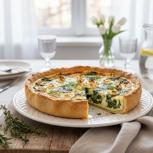 Spinach and feta quiche on a spring brunch spread