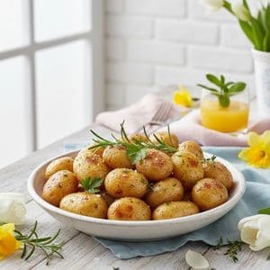 Roasted baby potatoes with herbs on a brunch table