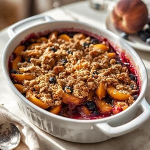 Warm peach blueberry crisp served for brunch