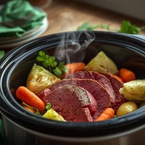 Slow cooker crock pot corned beef and potatoes served for St. Patrick’s Day dinner