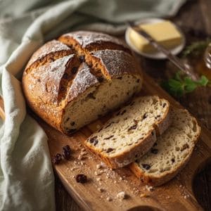 Traditional Irish soda bread with dark raisins sliced for St. Patrick’s Day