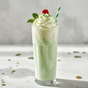 Creamy green Shamrock Shake in clear glass with striped straw