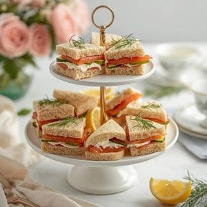 Mini smoked salmon tea sandwiches arranged for garden party food ideas and tea party lunch ideas