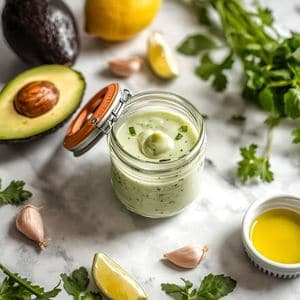 thick and creamy easy green goddess homemade salad dressing with visible herb flecks