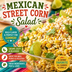 This creamy, zesty Mexican Street Corn Salad is the ultimate summer side dish! Perfect for BBQs, backyard cookouts, picnics, potlucks, family reunions, Memorial Day, Fourth of July celebrations, Labor Day, and taco nights. Fresh, colorful, and packed with bold flavor in every bite!