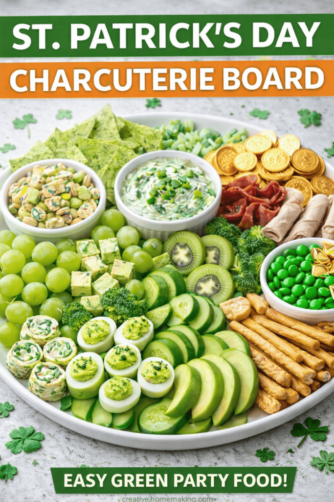 Green themed St. Patrick’s Day snack board with fruit, cheese, crackers, deviled eggs, and party appetizers.