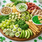 Festive St. Patrick’s Day snack board with green themed appetizers and party foods.