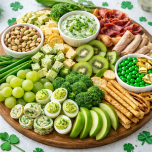 Festive St. Patrick’s Day snack board with green themed appetizers and party foods.