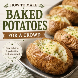 Learn how to make perfectly fluffy baked potatoes for a crowd with this easy oven recipe. Perfect for church potlucks, family picnics, backyard BBQ’s, holiday dinners, and large gatherings where you need a simple crowd-pleasing side dish.