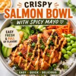 This crispy salmon bowl is fresh, flavorful, and surprisingly easy to make at home! A better than takeout dinner idea for busy nights, packed with protein and delicious toppings. Perfect for simple living, from scratch living, Asian food nights, and fresh summer meals the whole family will love.