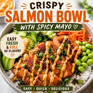 This crispy salmon bowl is fresh, flavorful, and surprisingly easy to make at home! A better than takeout dinner idea for busy nights, packed with protein and delicious toppings. Perfect for simple living, from scratch living, Asian food nights, and fresh summer meals the whole family will love.