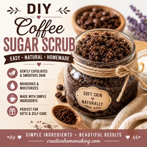 This DIY coffee sugar scrub gently exfoliates dry skin while leaving it soft, smooth, and refreshed. A simple recipe for simple homemade living, spa nights at home, self-care baskets, and thoughtful handmade gifts. Pair it with lavender sugar scrub, vanilla sugar scrub, lavender milk bath, whipped body butter, lavender body butter, and DIY lip balm for a homemade spa collection!This DIY coffee sugar scrub gently exfoliates dry skin while leaving it soft, smooth, and refreshed. A simple recipe for simple homemade living, spa nights at home, self-care baskets, and thoughtful handmade gifts. Pair it with lavender sugar scrub, vanilla sugar scrub, lavender milk bath, whipped body butter, lavender body butter, and DIY lip balm for a homemade spa collection!