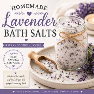 These homemade lavender bath salts are simple to make and perfect for creating a peaceful spa-like bath at home. A relaxing lavender recipe for self-care routines, handmade gift baskets, and natural living inspiration.