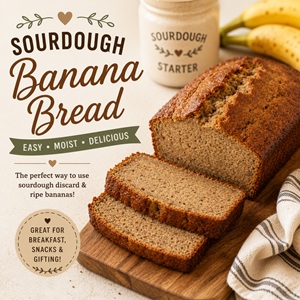 Have extra sourdough discard and ripe bananas? This easy sourdough banana bread is soft, moist, and perfect for breakfast, snacks, or cozy afternoons with coffee. Great for simple homemade living, from scratch baking, and beginner sourdough bakers. Love sourdough? Try sourdough starter for beginners, sourdough pizza dough, pancakes, biscuits, blueberry muffins, focaccia bread, brownies, and coffee cake too!
