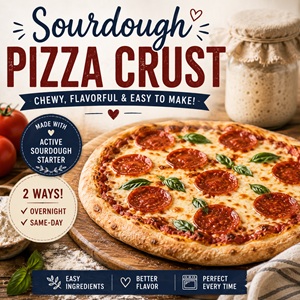 Learn how to make chewy, flavorful sourdough pizza crust with both overnight and same-day dough options! Made with active sourdough starter for beginners, this easy homemade pizza dough is perfect for pizza nights, family dinners, and cozy gatherings. No fancy equipment needed—just simple ingredients, better flavor, and homemade pizza crust every time. Great for simple homemade living and from scratch living!