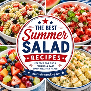 These easy summer salads are perfect for Memorial Day parties, Fourth of July cookouts, Labor Day BBQs, church potlucks, family reunions, and summer gatherings. Discover refreshing pasta salads, fruit salads, potato salads, and fresh vegetable side dishes everyone will love.